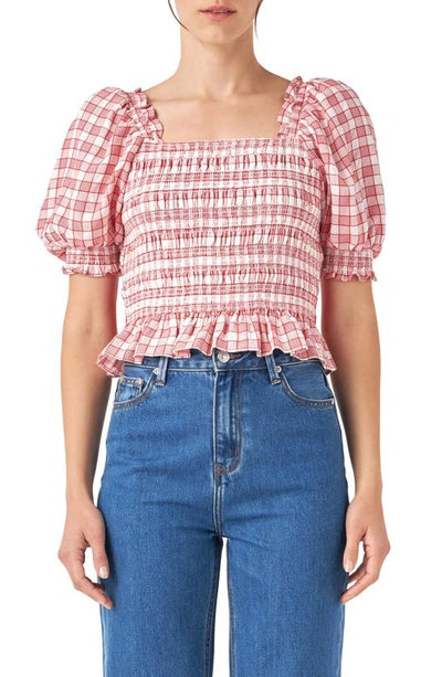 English Factory Check Smocked Bow Accent Top In Red