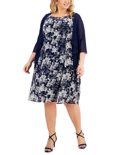 Connected Apparel Plus Womens Floral Print 2 Pc Midi Dress In Blue