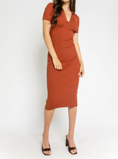Olivaceous Knit Collared Short Sleeve Ribbed Dress In Light Brown
