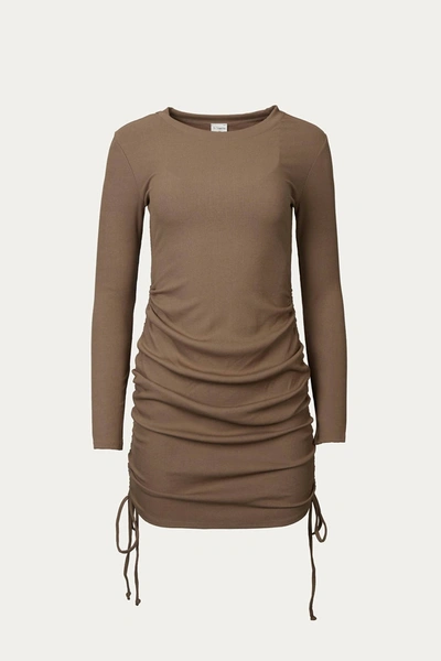 By Together Ruched Ribbed Stretch-modal Mini Dress In Acorn In Brown