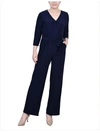 Ny Collection Petites Womens Solid Wide Leg Jumpsuit In Blue
