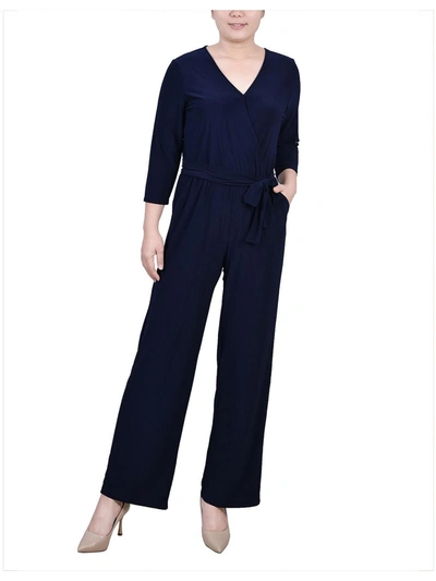 Ny Collection Petite Short 3/4 Sleeve Belted Wide Leg Jumpsuit In Blue