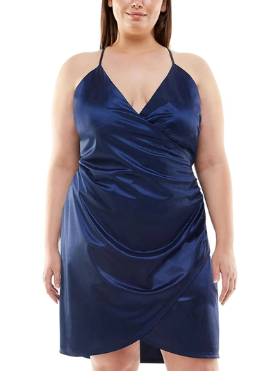 Speechless Plus Womens Satin Mini Wrap Dress In Blue