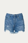 BY TOGETHER FRAYED HIGH-RISE DENIM SHORT IN BLUE