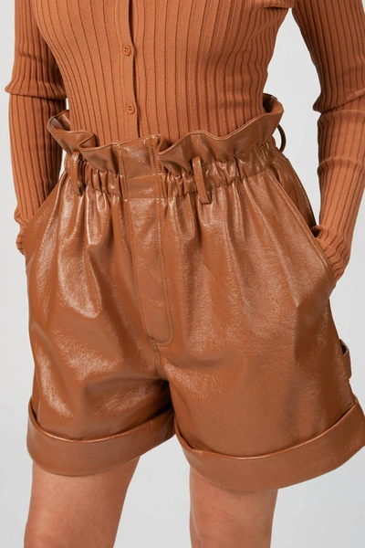 Ronny Kobo Pearl Gathered Faux Leather Shorts In Brown