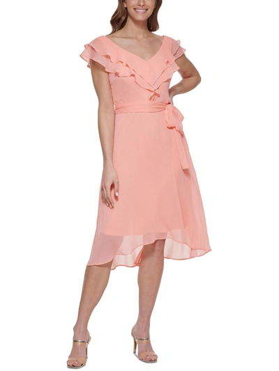Dkny Petites Womens Ruffled Calf Midi Dress In Multi