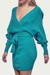 FORE WRAP-EFFECT RIBBED-KNIT MINI DRESS IN JADE