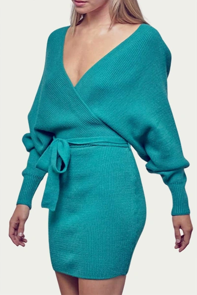 Fore Wrap-effect Ribbed-knit Mini Dress In Jade In Blue