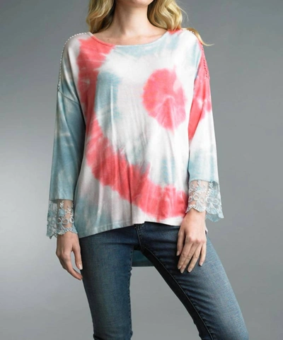 Tempo Paris Tie Dye And Lace Hi Low Sweater In Multi In Pink