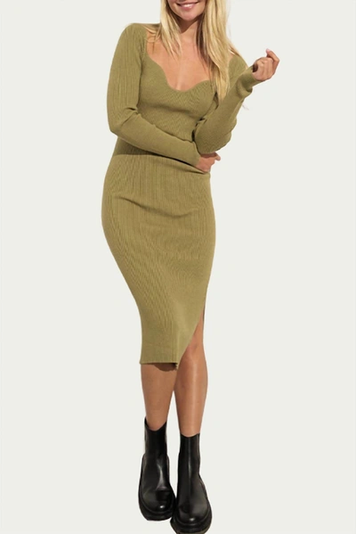 Papermoon Ribbed-knit Sweetheart-neck Midi Dress In Olive In Green