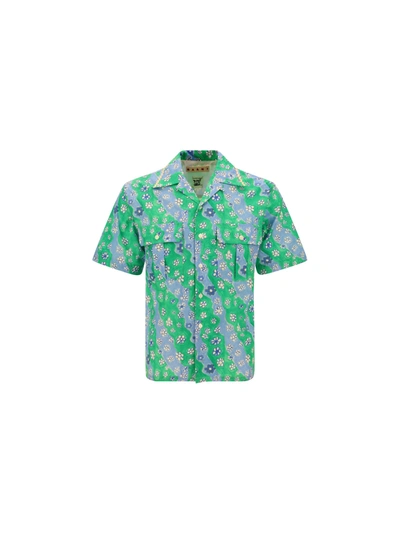 Marni Flowers Cotton Poplin Bowling Shirt In Sea Green