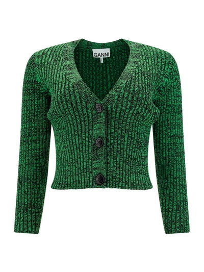 Ganni Green Cropped Melange Knit Cardigan In Kelly Green