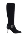 Manolo Blahnik Pliniahi 70 Embellished Satin-trimmed Suede Knee Boots