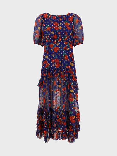 Rixo London Rixo Shireen Floral Printed Puff Sleeved Midi Dress In Indigo