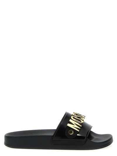 Moschino Black Metallic Logo Pool Slides