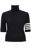 Thom Browne Black Short Sleeve Sweater With 4-bar Detail In Wool Woman