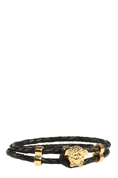 Versace Black Leather And Gold-tone Brass Medusa Bracelet
