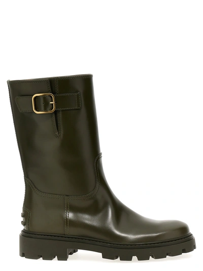 Tod's Buckle Leather Boots In Verde