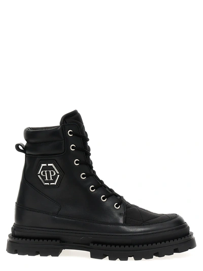 Philipp Plein Logo-plaque Leather Ankle Boots In Black