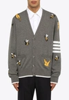 Thom Browne Birds And Bees Knitted Wool Cardigan In Gray