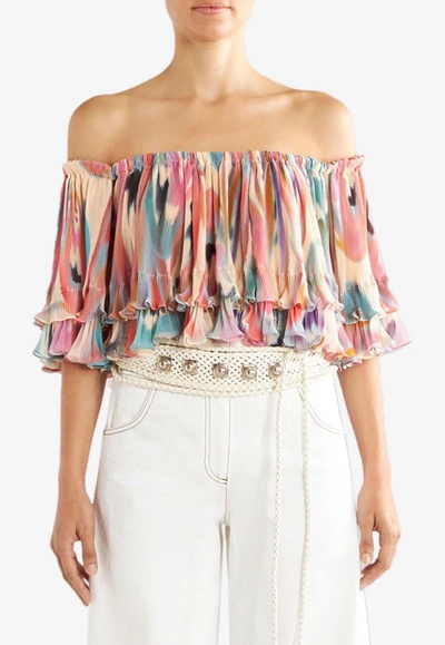 Etro Ruffled Crepe Off-the-shoulder Crop Top In Multicolour