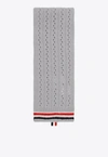 Thom Browne Cable Pointelle Knit Logo Scarf In Gray