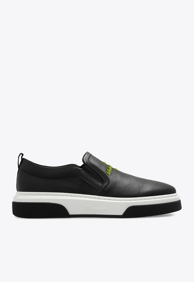 Ferragamo Cassina Slip-on Leather Sneakers In Black