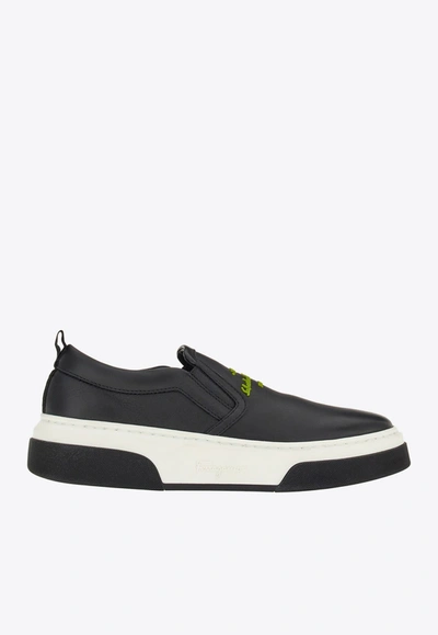 Ferragamo Cassina Slip-on Leather Sneakers In Black