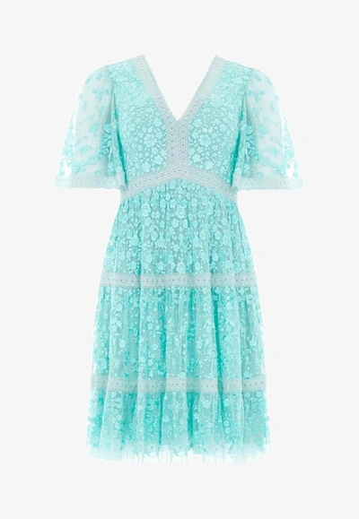Needle & Thread Celestia Short-sleeved Mini Dress In Turquoise