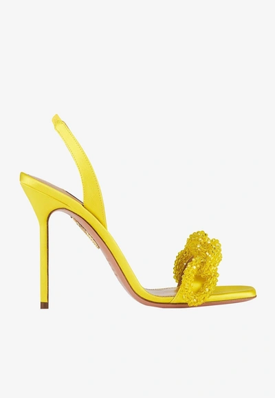 Aquazzura Chain Of Love 105 Slingback Sandals In Satin In Yellow