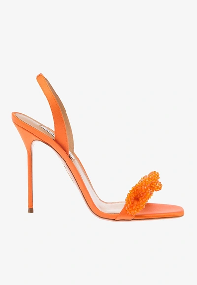 Aquazzura Chain Of Love 105 Slingback Sandals In Satin In Orange