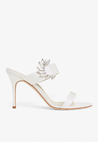 Manolo Blahnik 90mm Chivela Satin Sandals In Cream