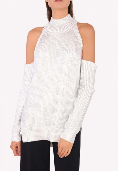 Mugler Cold-shoulder Cable Knit Top In Silver