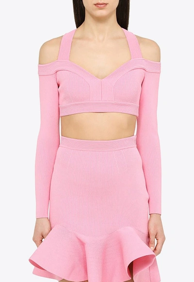 Alexander Mcqueen Pink Cropped Off-the Shoulder Top In Viscose Woman