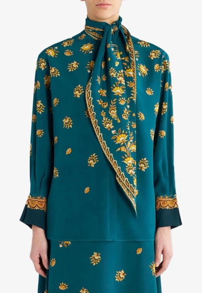 Etro Tie-neck Paisley-print Silk Crepe De Chine Blouse In Green