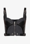 Versace Cropped Top In Denim And Leather In Black