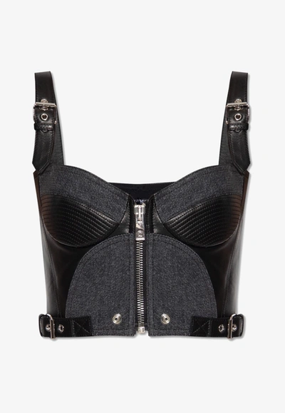 Versace Cropped Top In Denim And Leather In Black