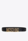 Moschino Crystal Embellished Logo Leather Belt In Black