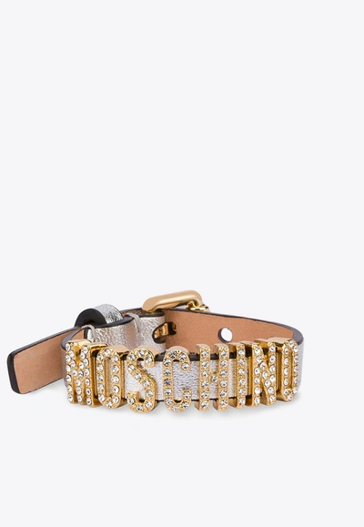 Moschino Crystal Embellished Logo Metallic Leather Bracelet In Silver