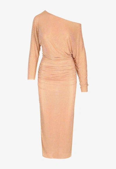 Self-portrait Crystal Embellished Mesh Midi Dress In Gold