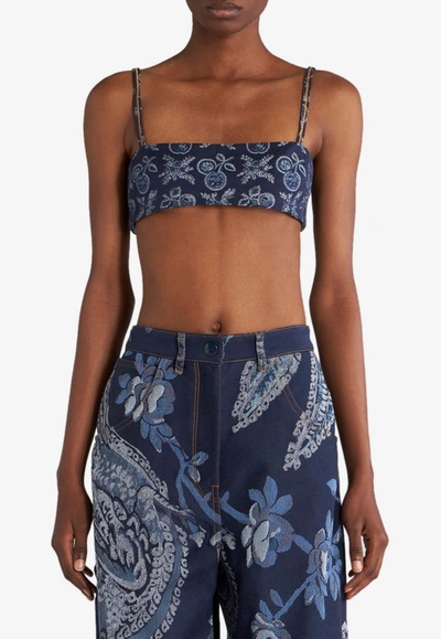 Etro Embroidered Denim Crop Top In Blue