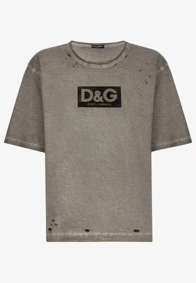 Dolce & Gabbana Washed Cotton Round-neck With Patch T-shirt In Grey