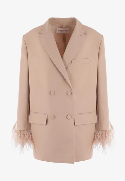 Valentino Oversized Double-breasted Feather-trimmed Woven Blazer In Pink