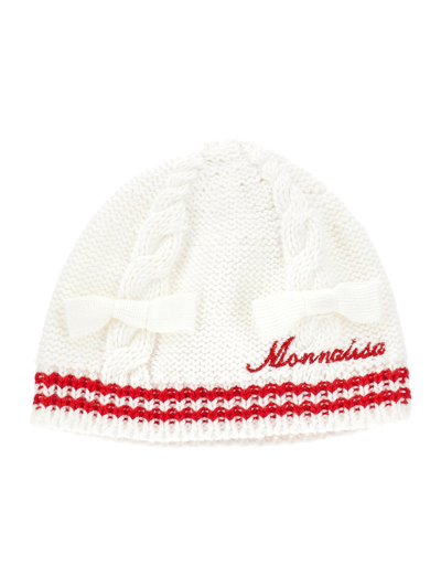Monnalisa Kids'   Two-tone Cotton Yarn Hat In Cream + Ruby Red