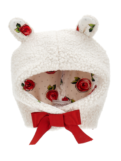 Monnalisa Kids'   Plush Hat With Bow In Cream + Ruby Red