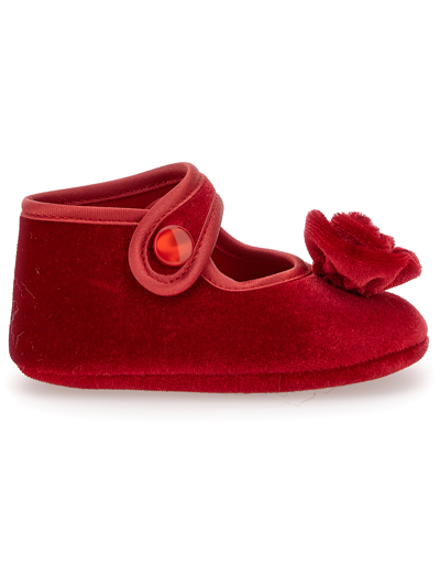 Monnalisa Chenille Booties With Rose In Ruby Red