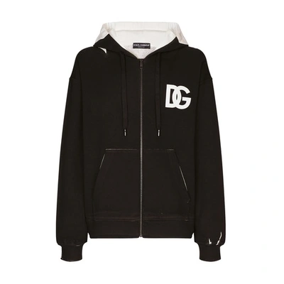 Dolce & Gabbana Hooded Jersey Sweatshirt With Zip And Logo Print In Black
