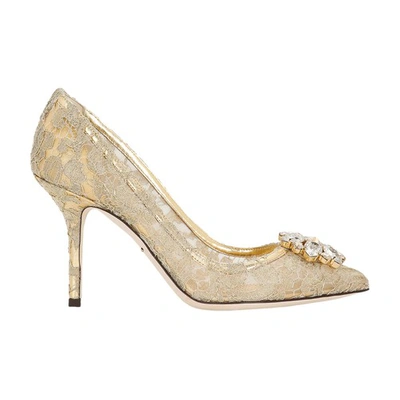 Dolce & Gabbana Lurex Lace Rainbow Pumps With Brooch Detailing In Gold