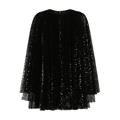 Dolce & Gabbana Pleated Short Dress With Wide Sleeves In Sequins In Black