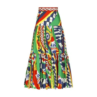 Dolce & Gabbana Long Carretto-print Poplin Skirt With Ruffles In Multi